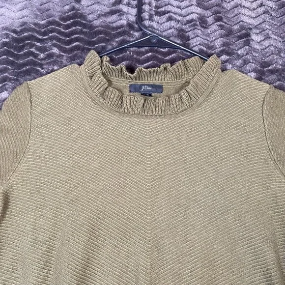 J.Crew Olive Green Ruffle Neck Sweater Ribbed Knit pullover,womens size XS - Picture 2 of 9